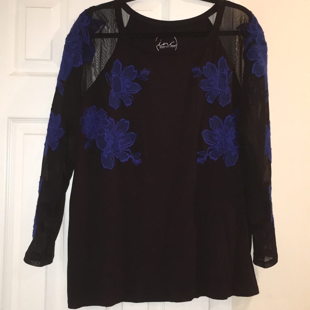 INC women black and blue shirt